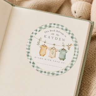 Green Gingham Baby Clothesline Bookplate Sticker