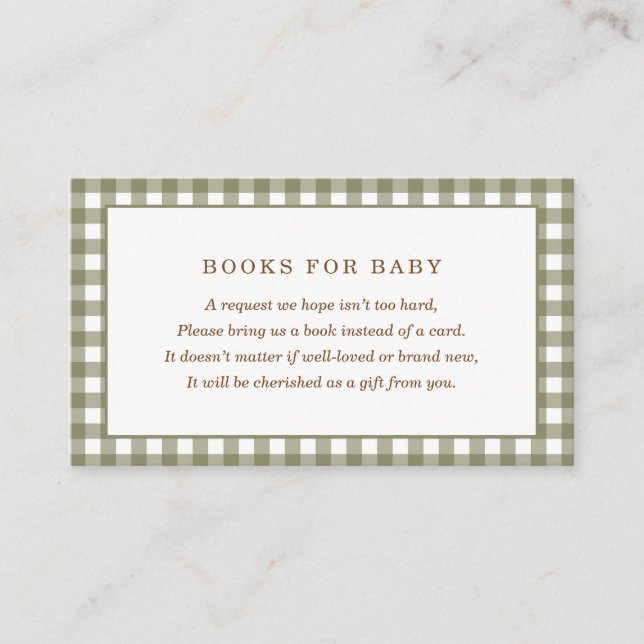 Green Gingham Baby Shower Books for Baby Enclosure Card (Front)