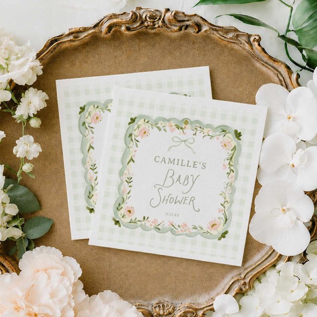 Green Gingham Baby Shower Napkins (Sage Green Gingham and Bow Baby Shower Paper napkin)