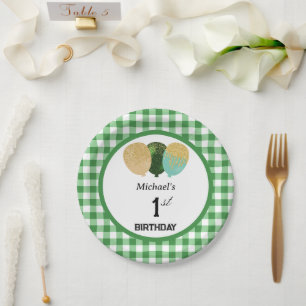 Green Gingham & Balloons 1st Birthday Paper Plate