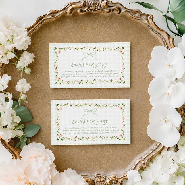 Green Gingham Bow Books for Baby Card (Sage Green Gingham and Bow Books for Baby Bridal Shower Card)