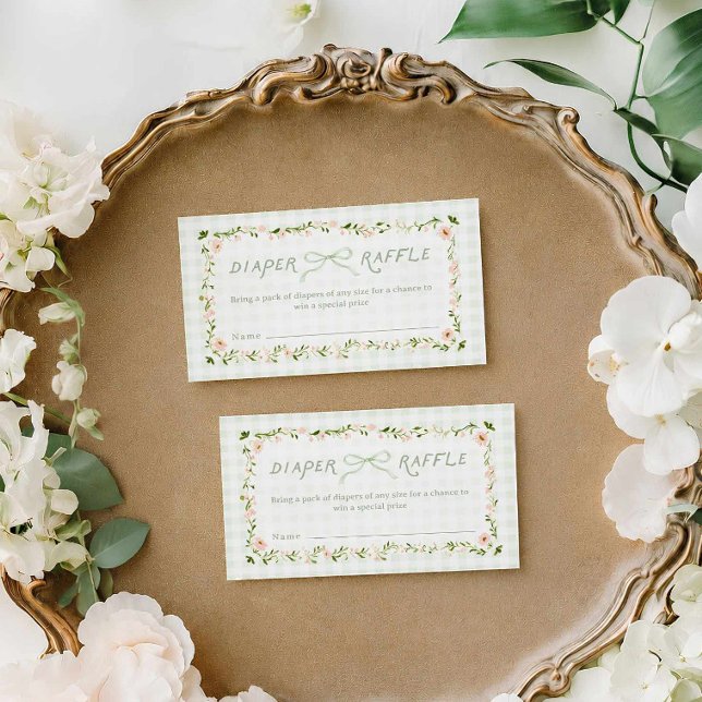 Green Gingham Bow Diaper Raffle Card (Sage Green Gingham and Bow Diaper Raffle Card)