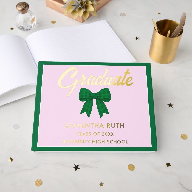 Green Gingham Bow Graduation Party Guest Book (Front Open)