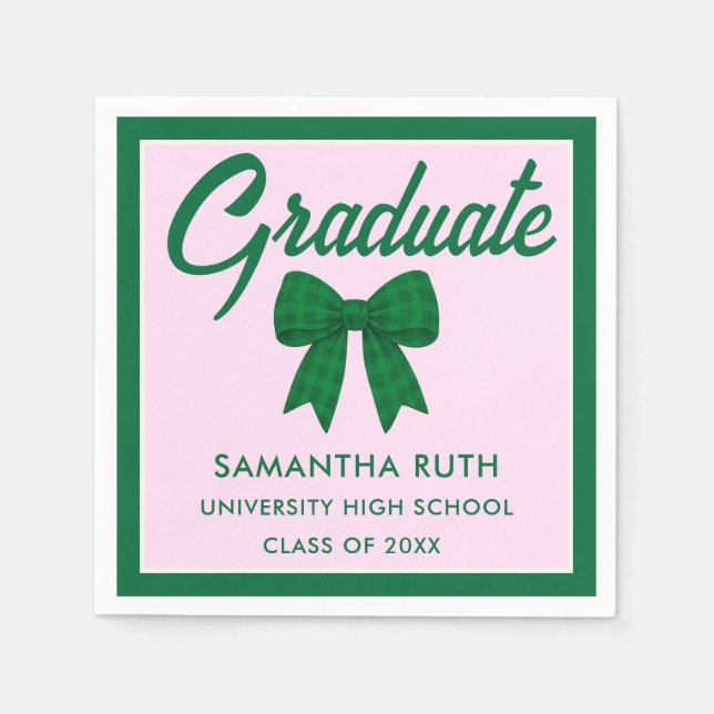 Green Gingham Bow Graduation Party Napkin (Front)