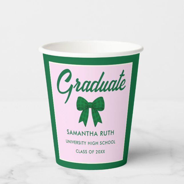 Green Gingham Bow Graduation Party Paper Cups (Front)