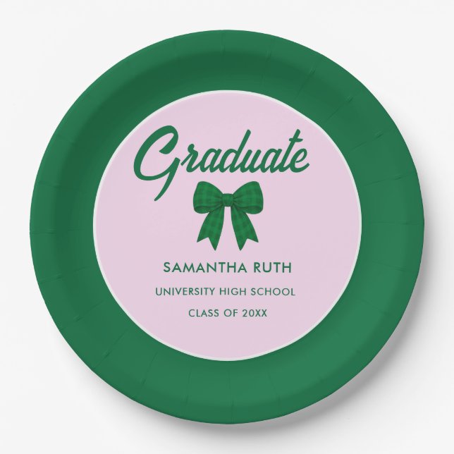 Green Gingham Bow Graduation Party Paper Plate (Front)