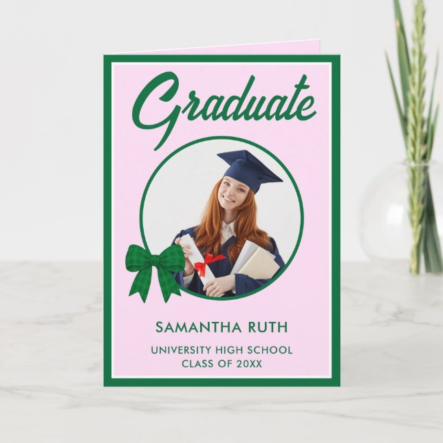 Green Gingham Bow Photo Graduation  Card (Front)