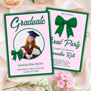 Green Gingham Bow Photo Graduation Party Invitation