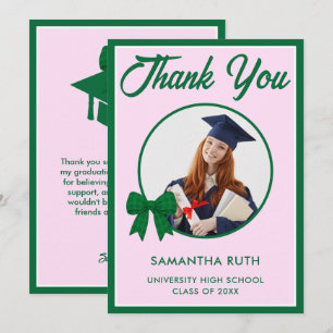 Green Gingham Bow Photo Graduation Thank You Card
