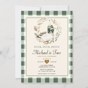 Green Gingham Boy Duck Duck Deuce 2nd Birthday Invitation