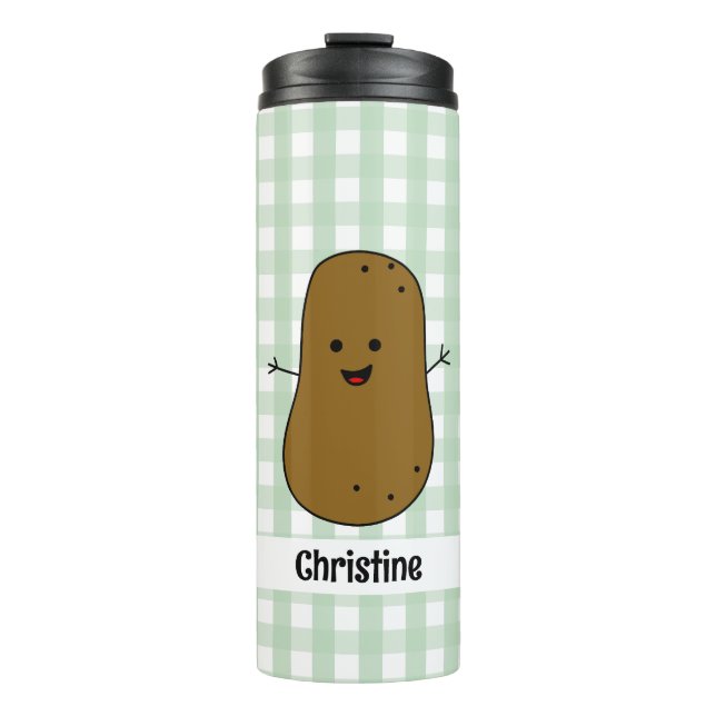Green Gingham Brown Potato Custom Thermal Tumbler (Front)