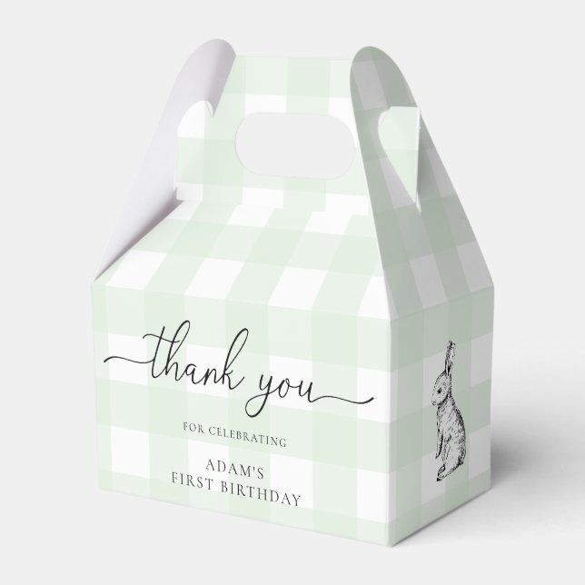 Green Gingham Bunny Birthday Thank You Favour Box (Front Side)