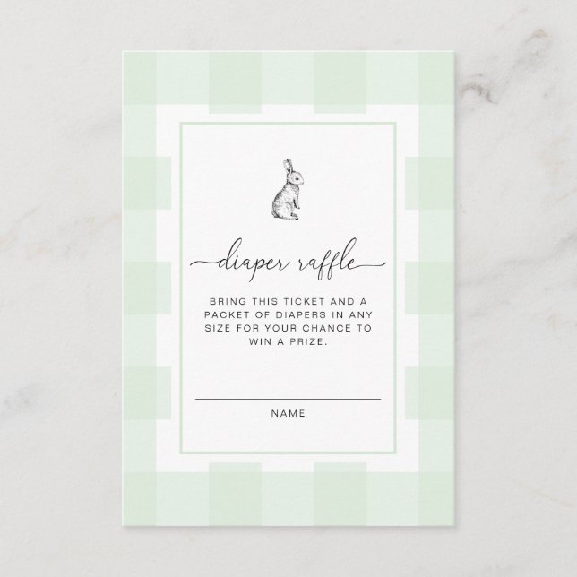 Green Gingham Bunny Diaper Raffle Ticket Enclosure Card (Front)