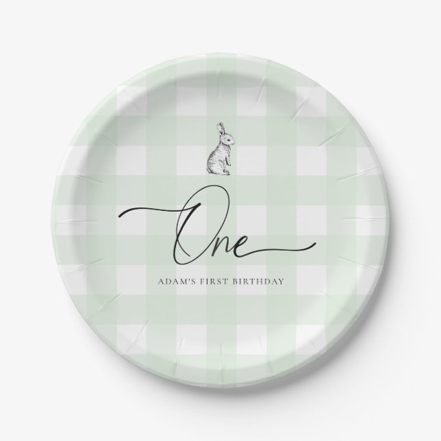 Green Gingham Bunny Rabbit First Birthday Paper Plate (Front)
