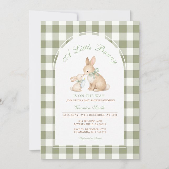 Green Gingham Bunny Spring Easter Baby Shower  Invitation (Front)