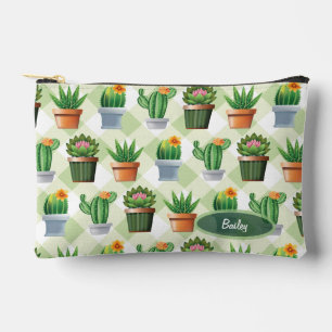 Green Gingham Cactus Pattern Accessory Pouch
