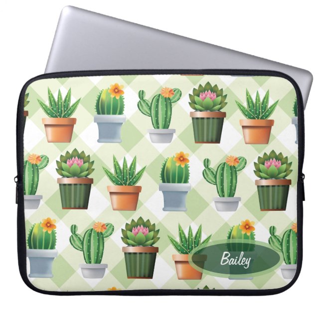 Green Gingham Cactus Pattern Laptop Sleeve (Front)