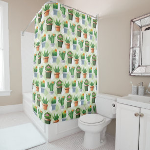 Green Gingham Cactus Pattern Shower Curtain