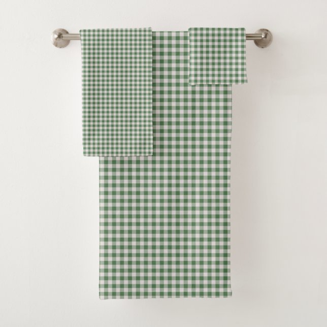Green Gingham Check Classic Farmhouse Bathroom Bath Towel Set (Insitu)