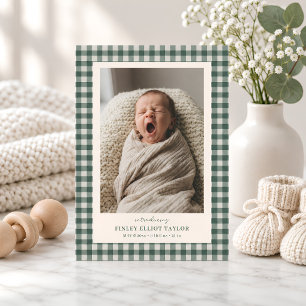Green Gingham Check Newborn Photo Baby Boy Birth Announcement