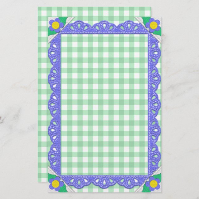 Green Gingham Check Periwinkle Felt Frame  Stationery (Front/Back)
