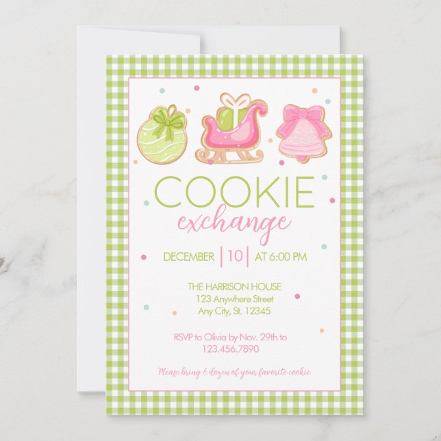 Green Gingham Christmas Cookie Exchange Invitation (Front)