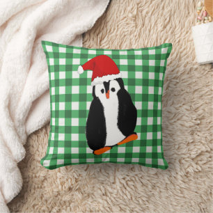 Green Gingham Christmas Penguin and Greeting Cushion