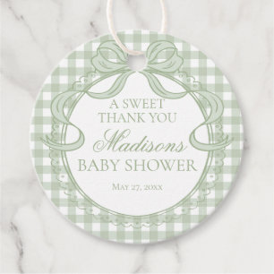 Green Gingham Coquette Bow Baby Shower Circle Favour Tags