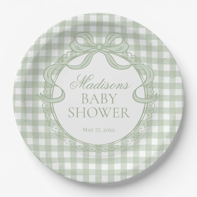 Green Gingham Coquette Bow Baby Shower Paper Plate (Front)