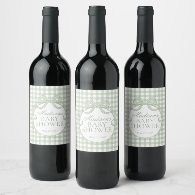 Green Gingham Coquette Bow Baby Shower Wine Label (Bottles)