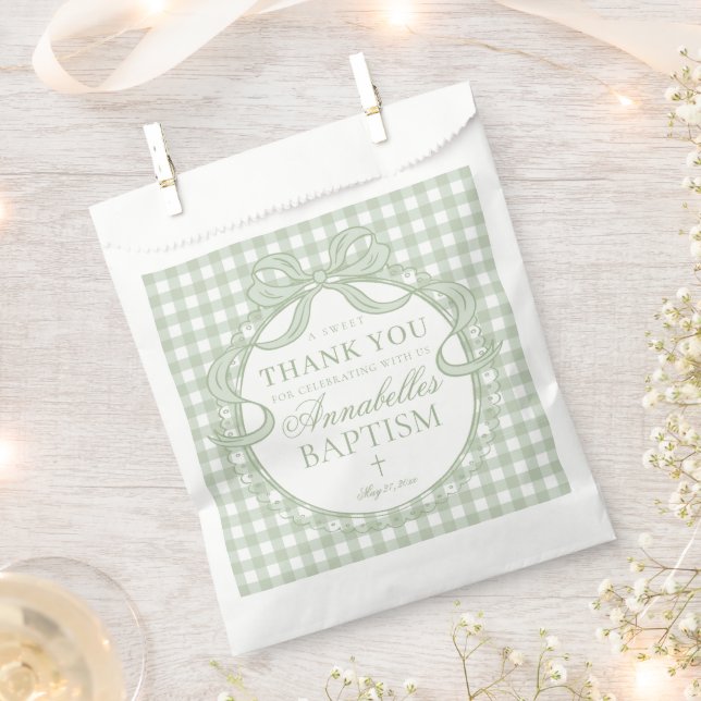 Green Gingham Coquette Bow Baptism Dessert Favour Bag (Clipped)