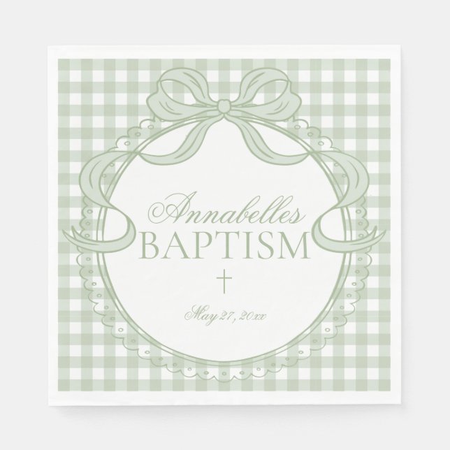 Green Gingham Coquette Bow Baptism Table Decor Napkin (Front)