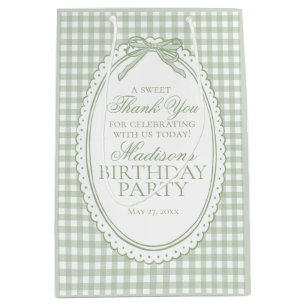 Green Gingham Coquette Bow Birthday Party Favours Medium Gift Bag