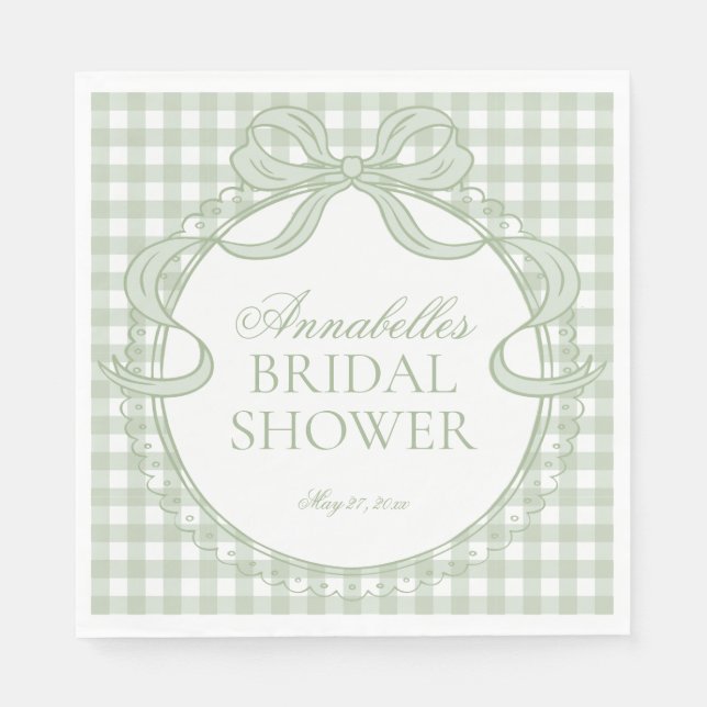 Green Gingham Coquette Bow Bridal Shower Dessert Napkin (Front)