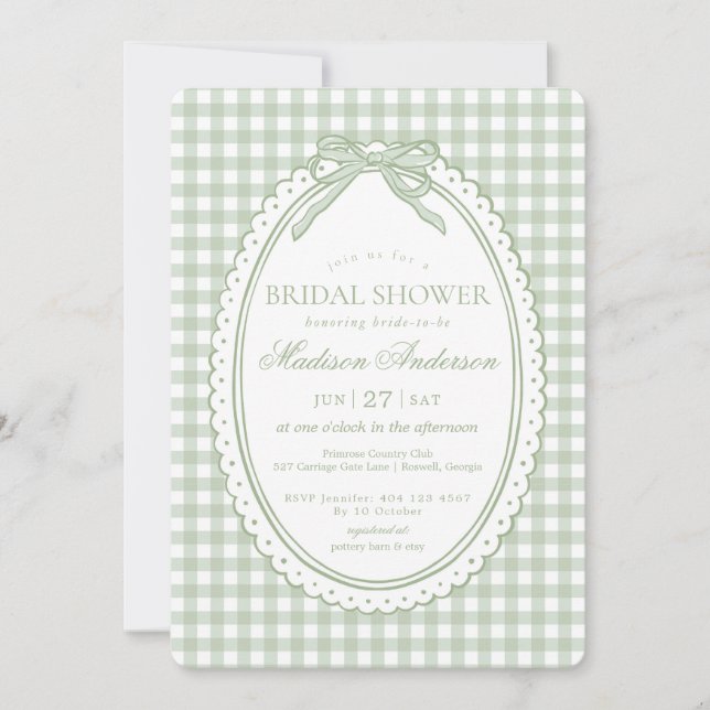Green Gingham Coquette Bow Bridal Shower Invitation (Front)