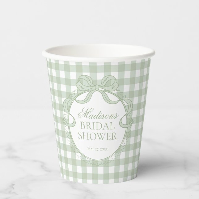 Green Gingham Coquette Bow Bridal Shower Paper Cups (Front)