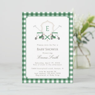 Green Gingham Crest Monogram Golf Baby Shower Invitation