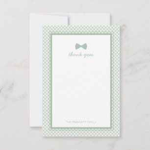 Green gingham cute bow tie baby shower  thank you card