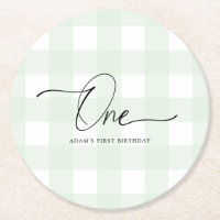Green Gingham First Birthday Drink Coaster