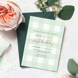 Green Gingham First Birthday Gold Foil Invitation