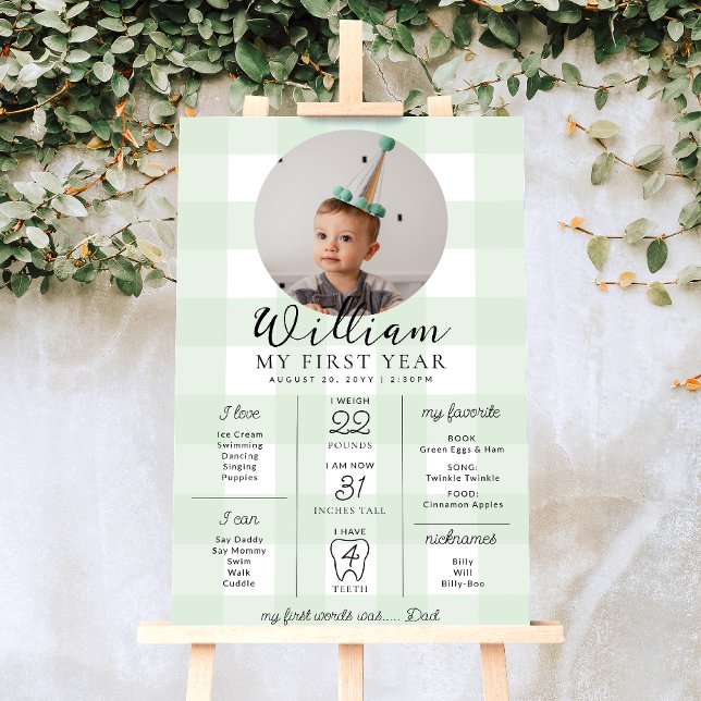 Green Gingham First Birthday Milestone Timeline Poster (Creator Uploaded)