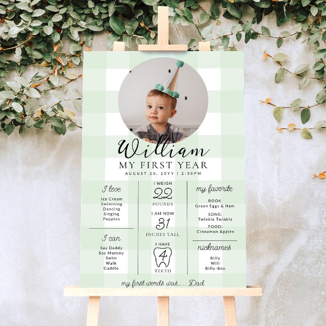 Green Gingham First Birthday Milestone Timeline Poster (Creator Uploaded)