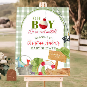 Green Gingham Fishing Baby Shower Welcome Sign
