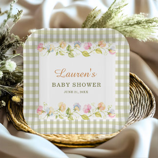 Green Gingham Floral Sweet Pea Baby Shower Paper Plate