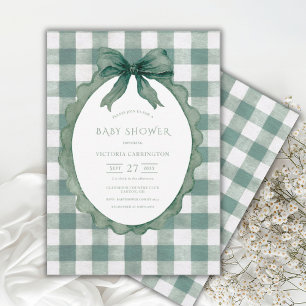 Green Gingham Floral Vintage Baby Shower Invitation