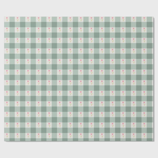 Green Gingham Floral Wrapping Paper Cute (Flat)