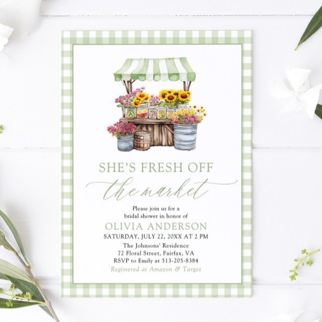 Green Gingham Fresh Off The Market Bridal Shower Invitation (Green Gingham Fresh Off The Market Bridal Shower Invitation)