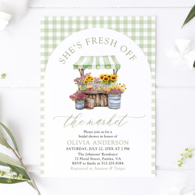 Green Gingham Fresh Off The Market Bridal Shower Invitation (Creator Uploaded)