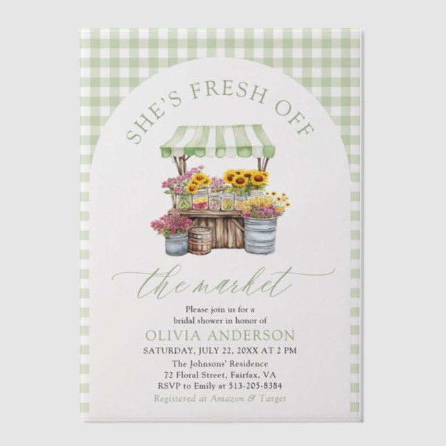 Green Gingham Fresh Off The Market Bridal Shower Vellum Invitations (Front)