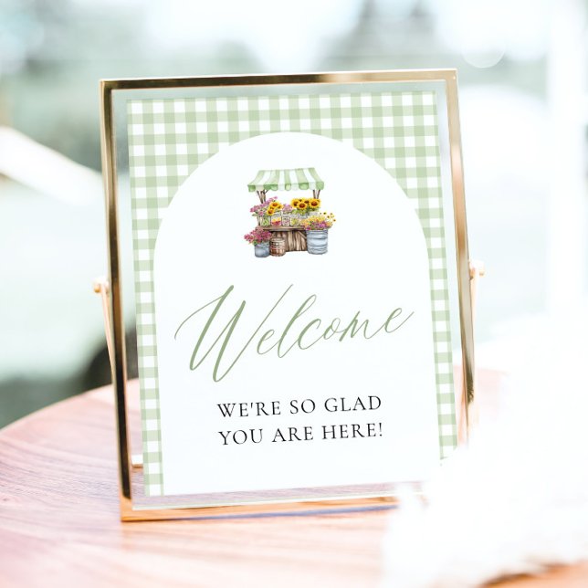 Green Gingham Fresh Off The Market Welcome Sign (Sage Green Gingham Fresh Off The Market Welcome Sign)